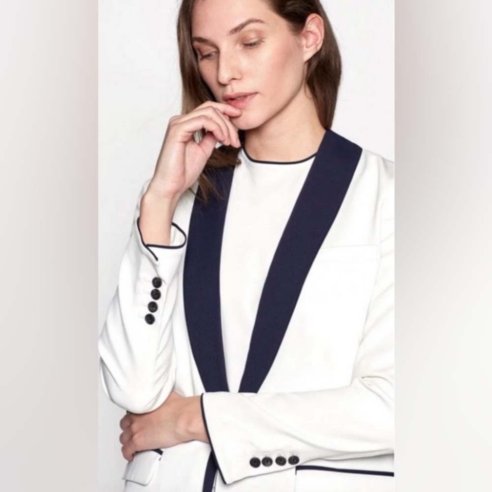 Equipment Quincy Blazer Nature White Eclipse Black Lapel & Trim Women’s Size 6 - Picture 3 of 16